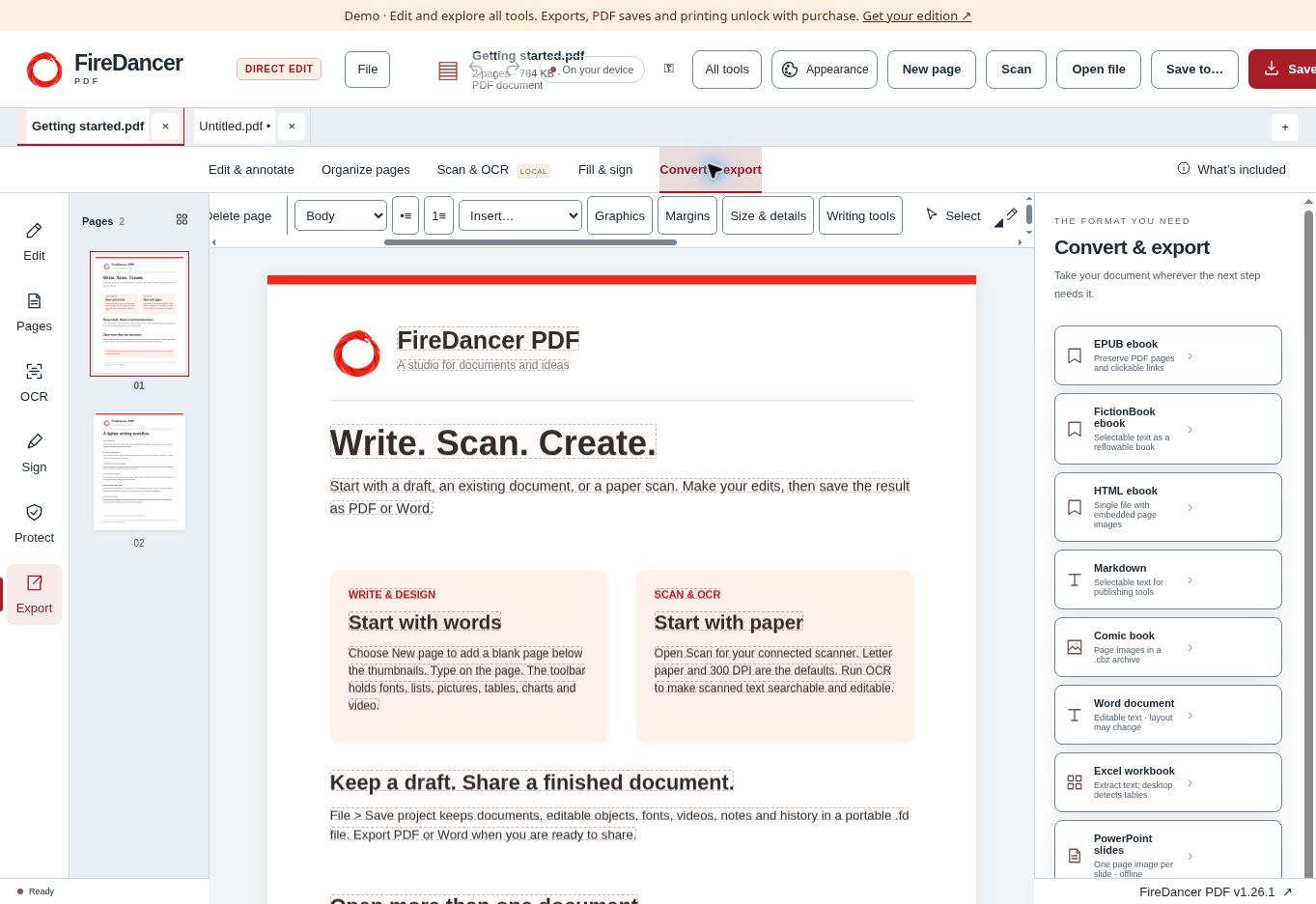 Actual Pro workspace with EPUB, FictionBook, HTML ebook, Markdown and comic-book publishing tools