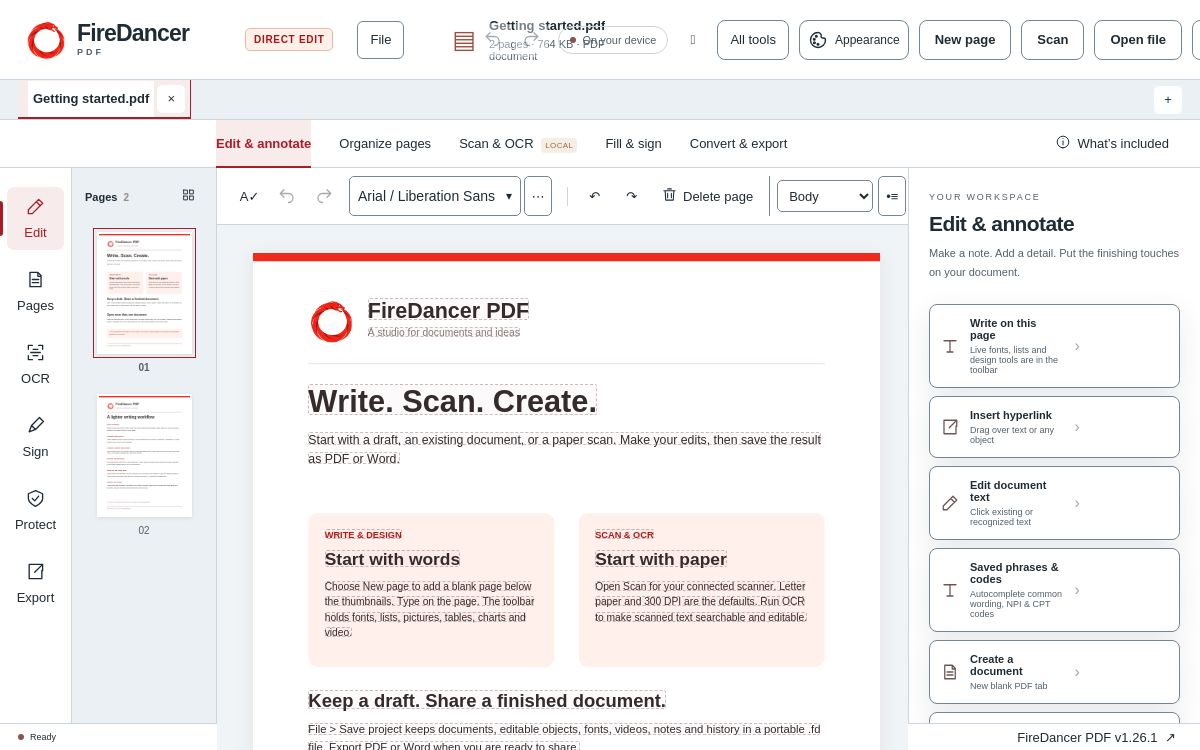 Standard edition screenshot with PDF editing, page thumbnails and OCR tools